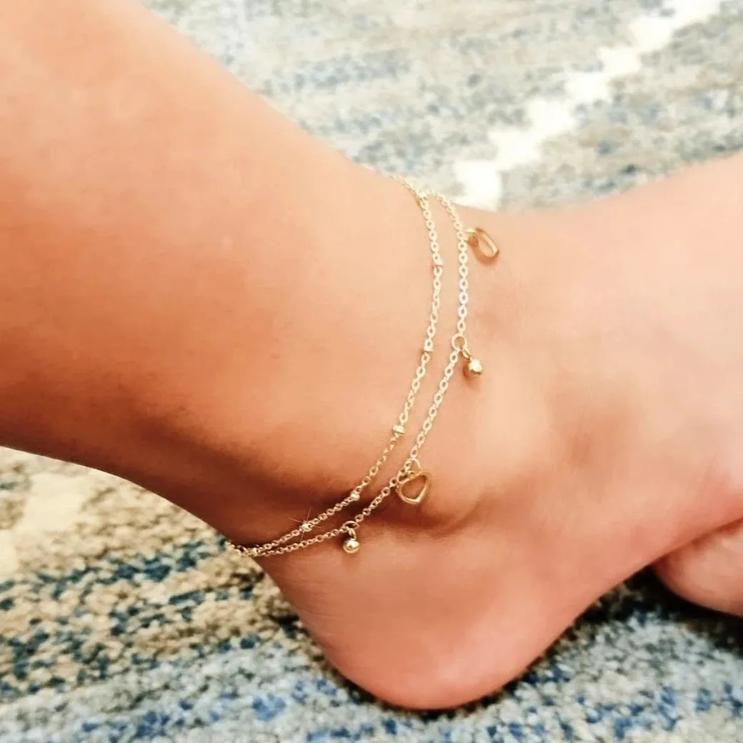 14k Gold Filled Two Layers Heart Anklet