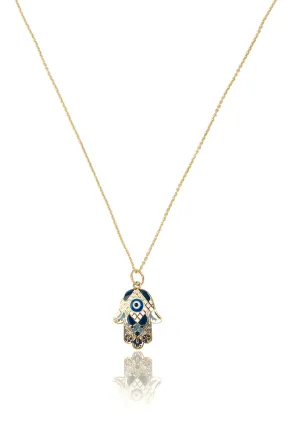 14k Gold Treville Hamsa Pendant Necklace in Blue