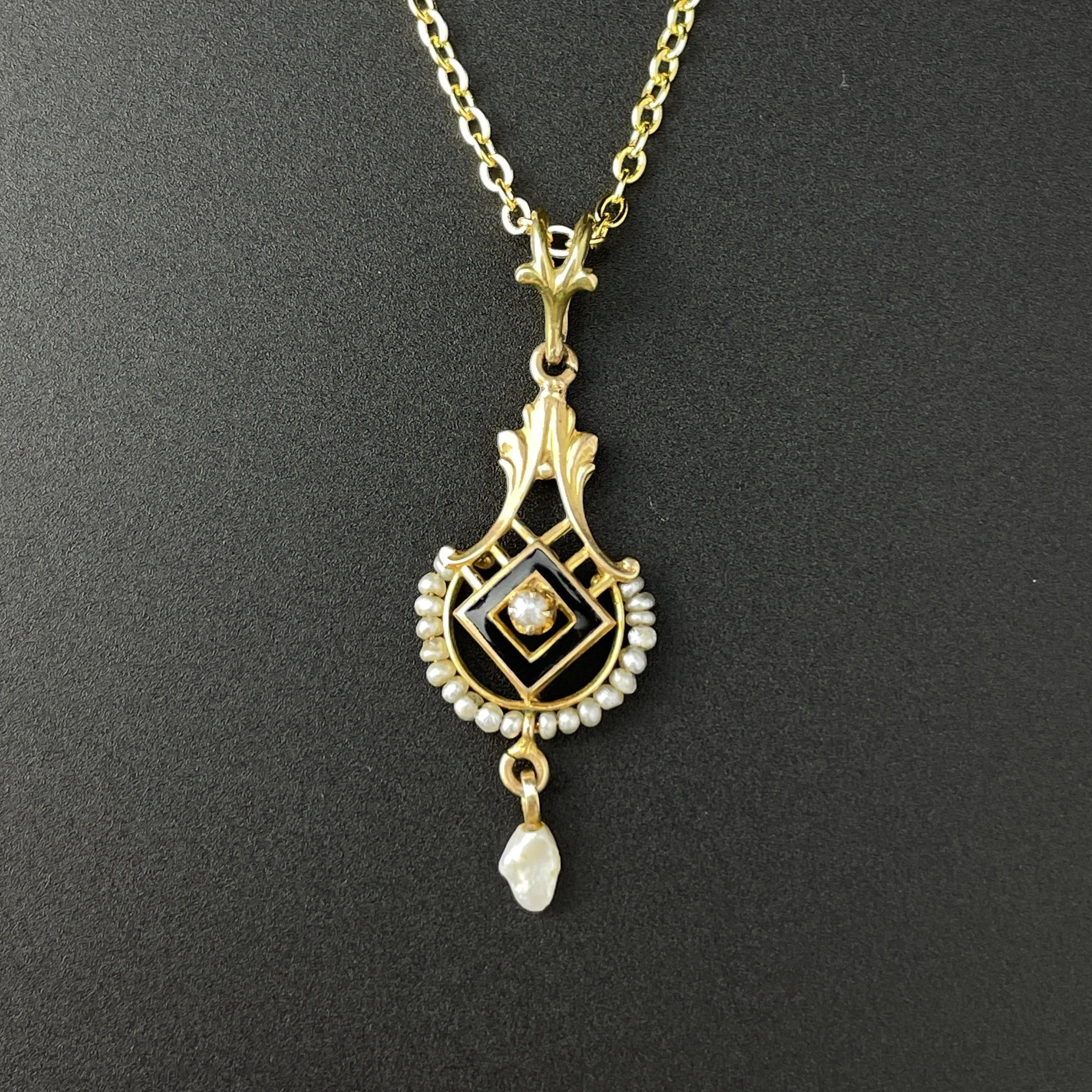 14K Gold Victorian Seed Pearl Enamel Pendant Necklace