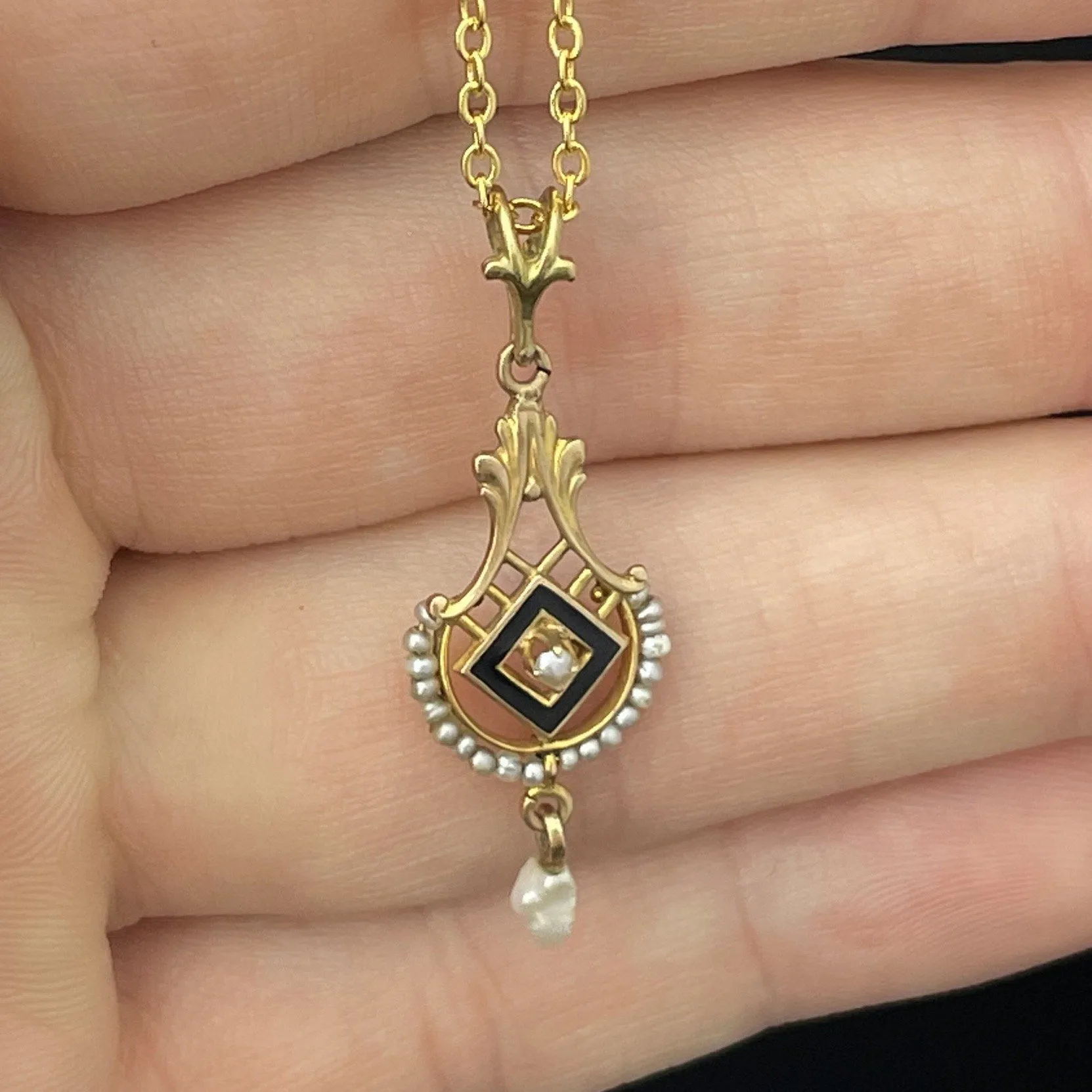 14K Gold Victorian Seed Pearl Enamel Pendant Necklace