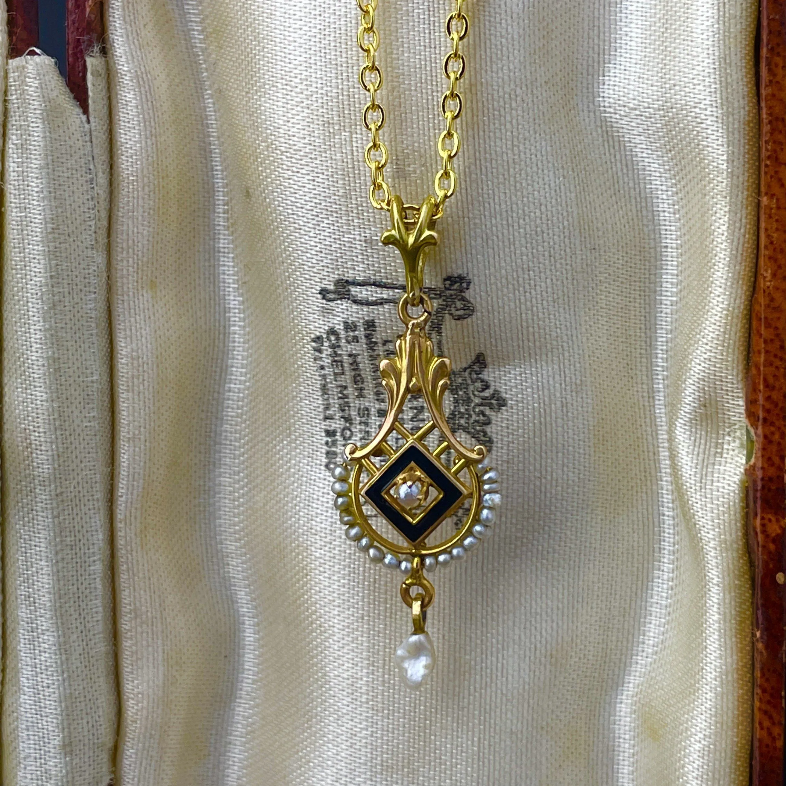 14K Gold Victorian Seed Pearl Enamel Pendant Necklace