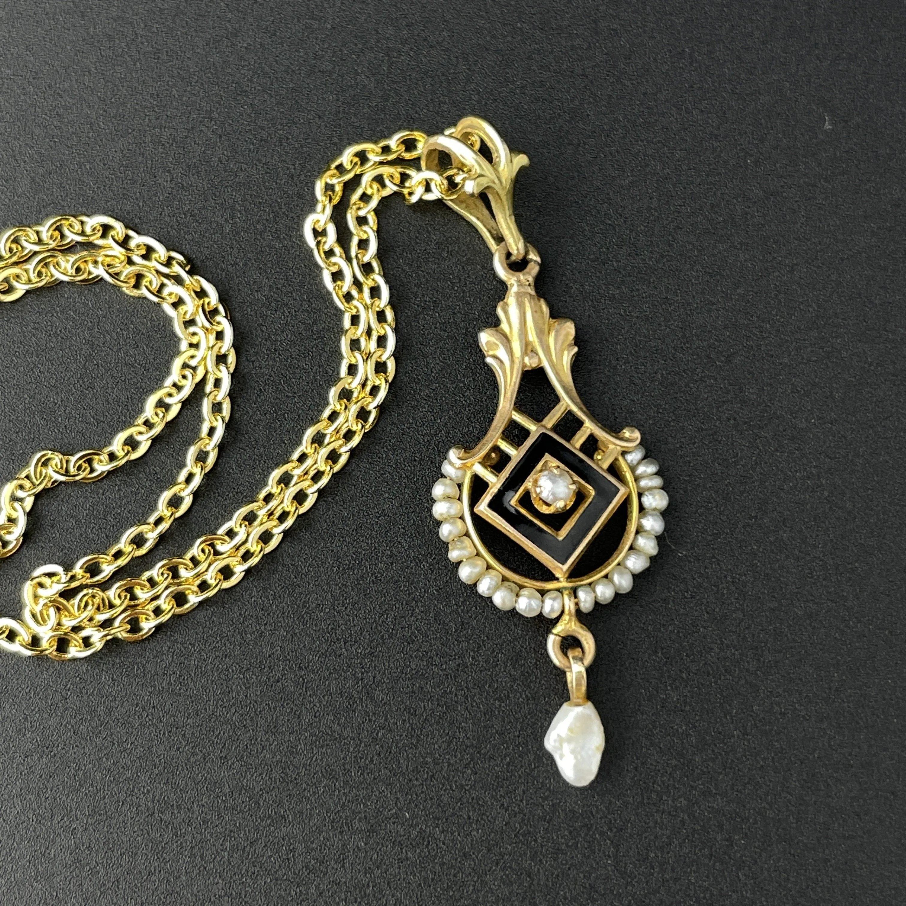 14K Gold Victorian Seed Pearl Enamel Pendant Necklace