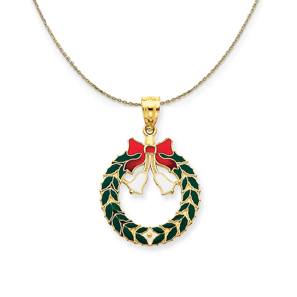 14k Yellow Gold, Enameled Christmas Wreath Necklace