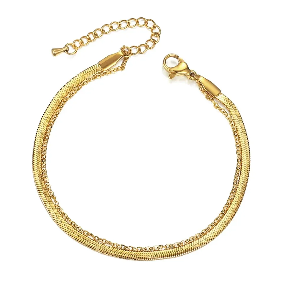 24k Gold Plated Herringbone Chain two Layers Anklet