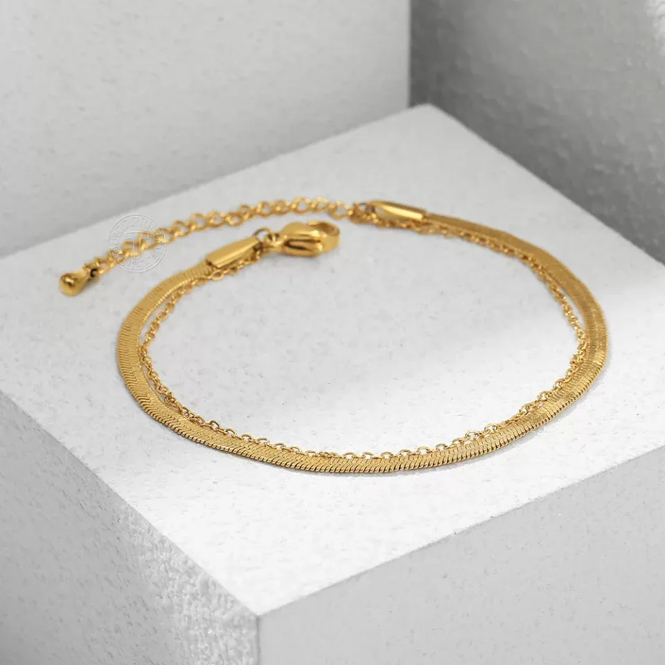 24k Gold Plated Herringbone Chain two Layers Anklet