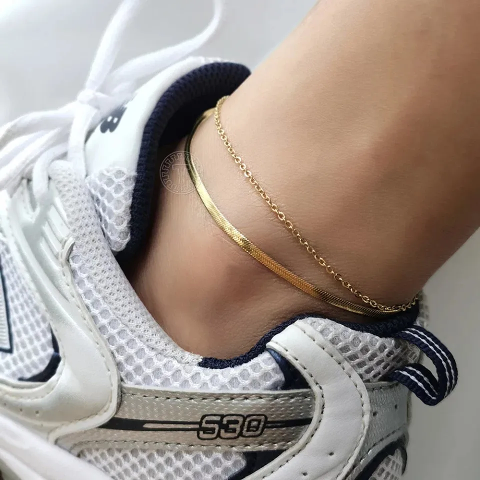 24k Gold Plated Herringbone Chain two Layers Anklet