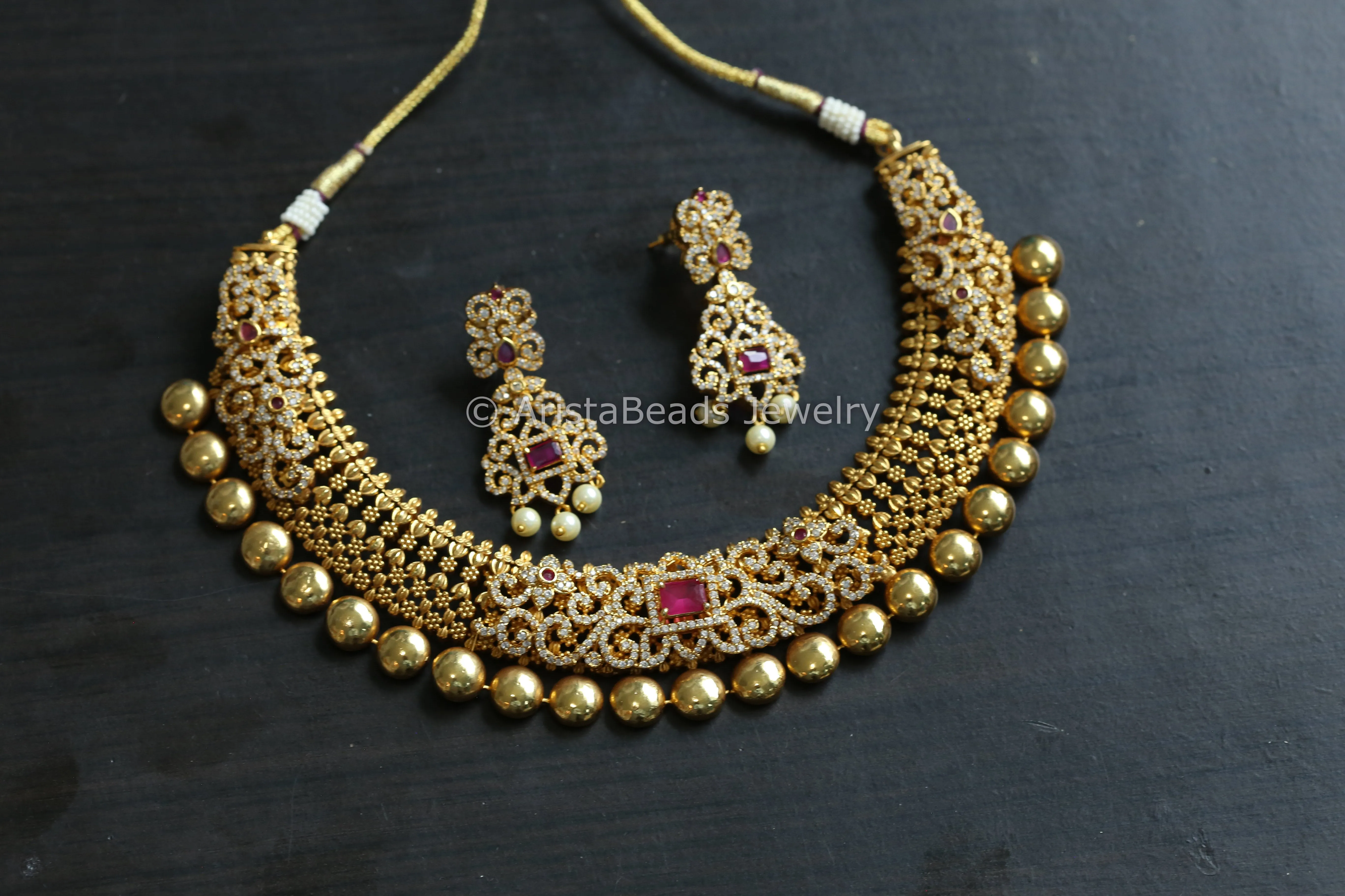 Antique Gold Naksi CZ Stone Necklace Set - Ruby