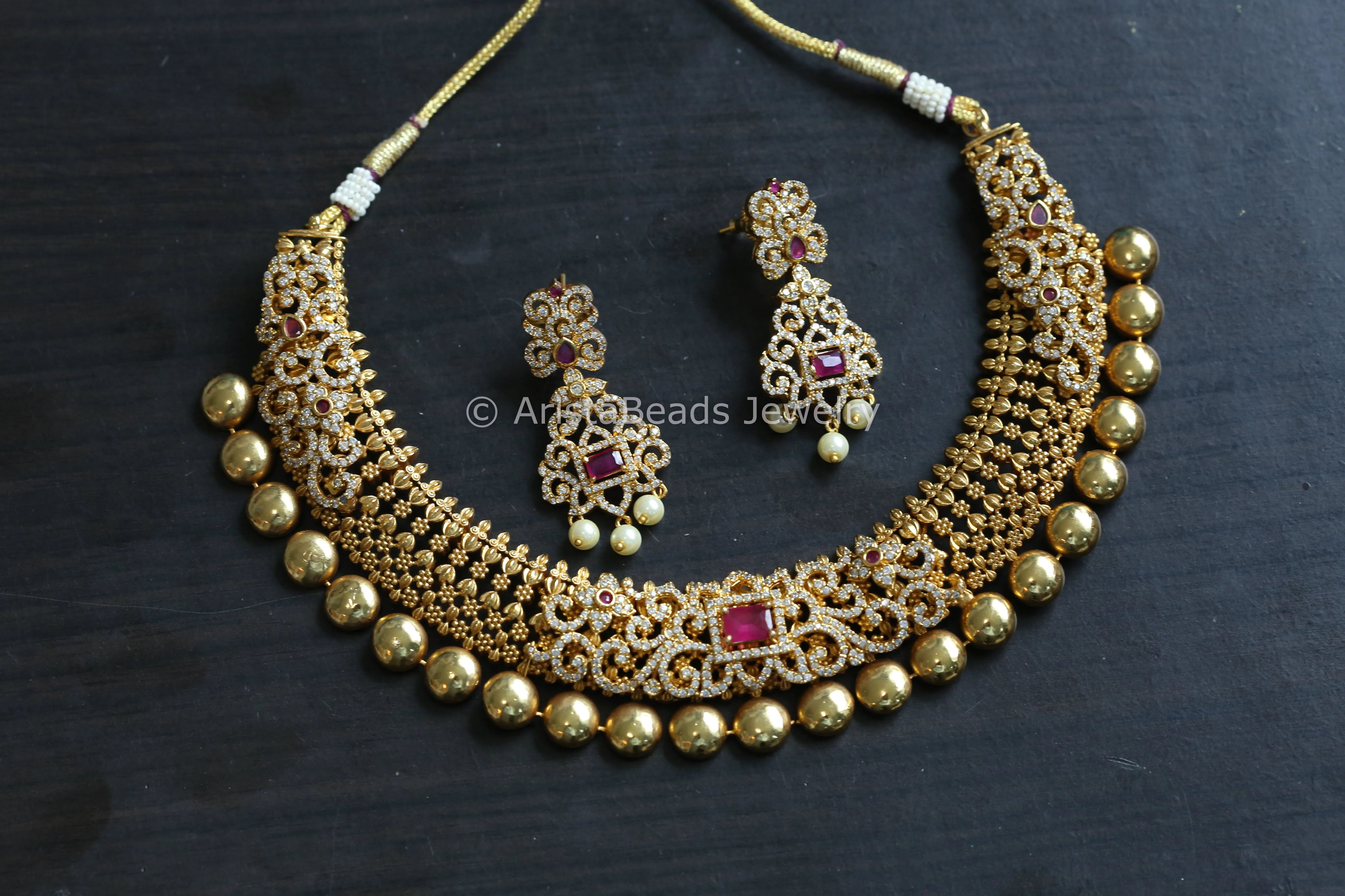 Antique Gold Naksi CZ Stone Necklace Set - Ruby