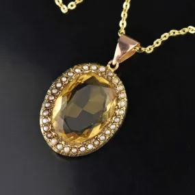 Antique Victorian Pearl Halo Citrine Pendant Necklace