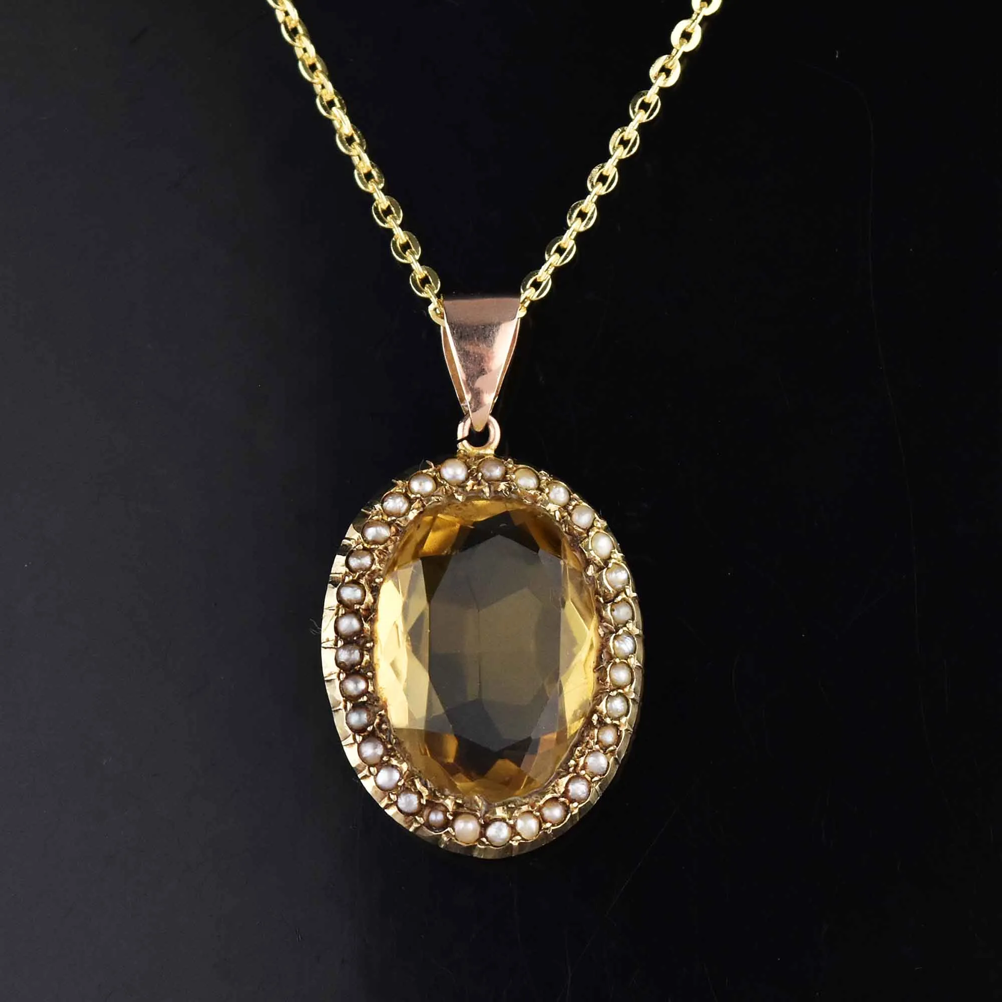 Antique Victorian Pearl Halo Citrine Pendant Necklace