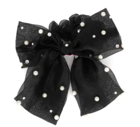 Bari Lynn Tulle Bow Scrunchie with Pearls & Swarovski Crystals - Black