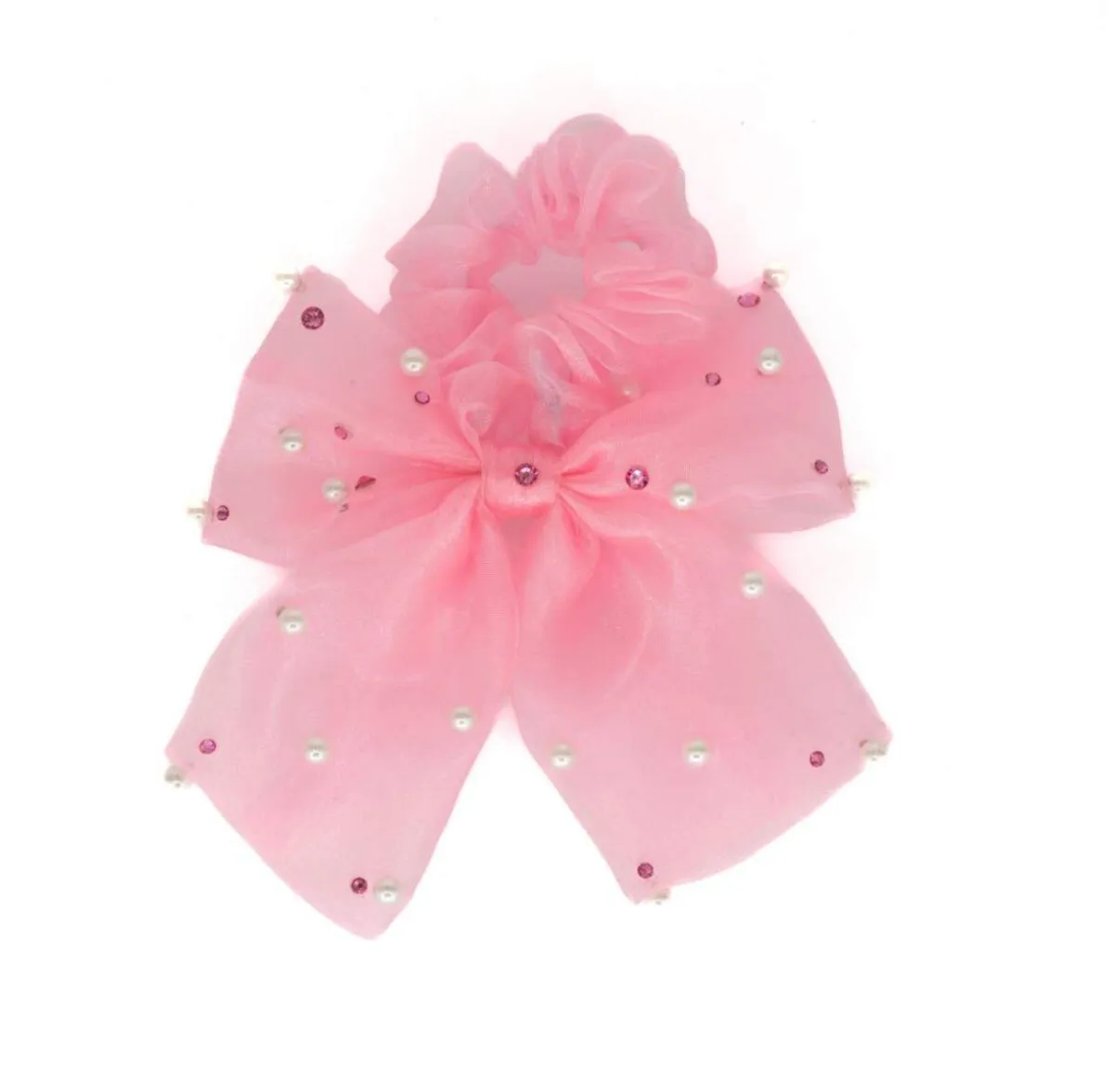 Bari Lynn Tulle Bow Scrunchie with Pearls & Swarovski Crystals - Rose