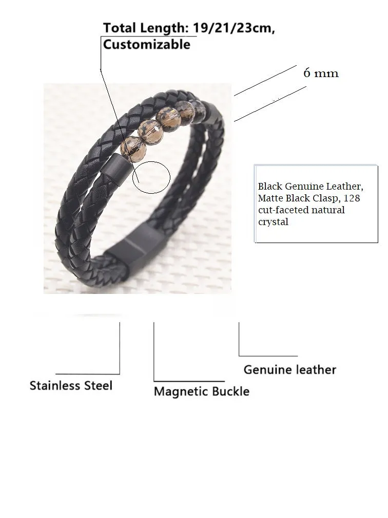 Black Genuine Leather, Matte Black Clasp, 128 cut-faceted natural crystal