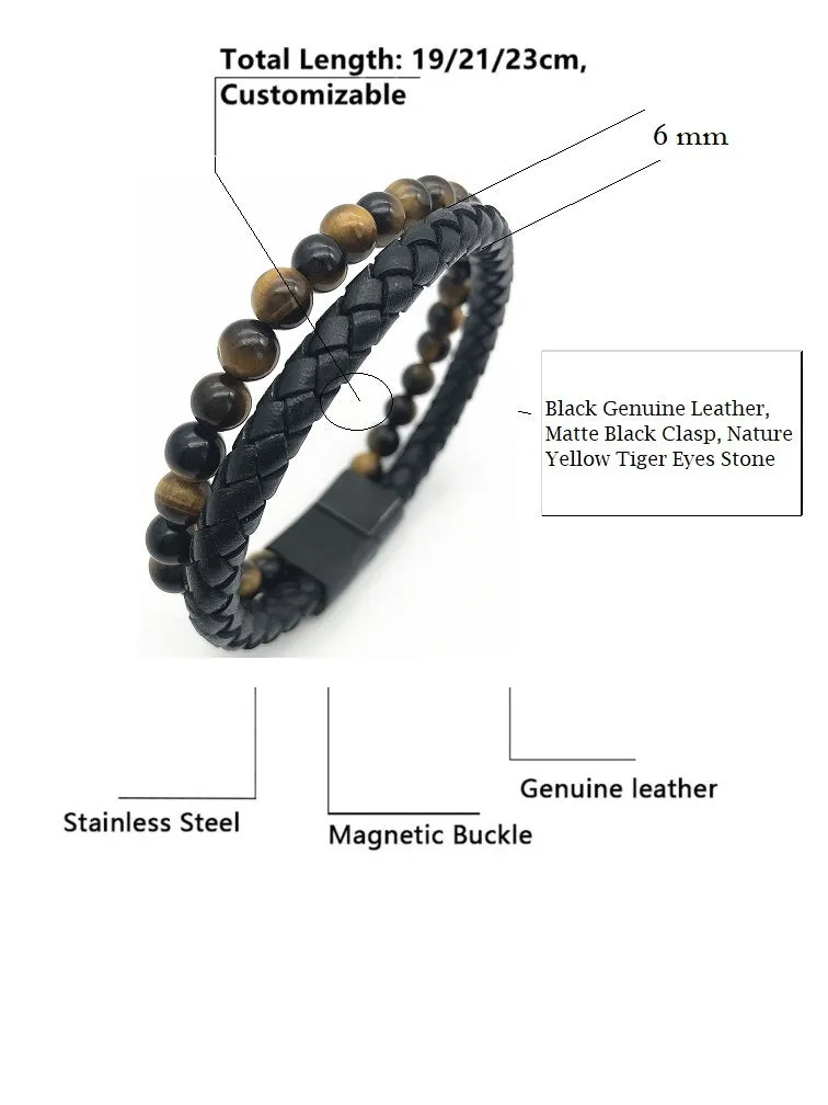 Black Genuine Leather, Matte Black Clasp, Nature Yellow Tiger Eyes Stone