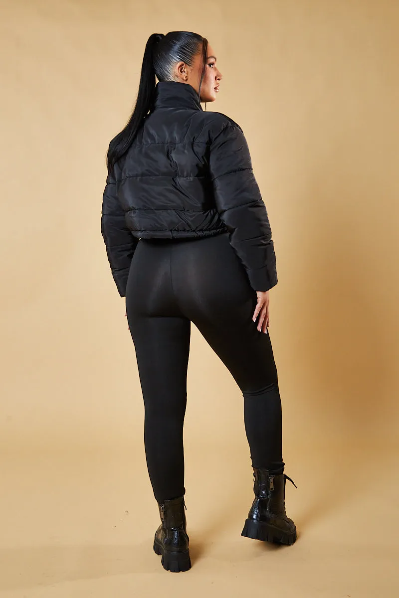 Black High Neck Cropped Puffer Jacket - Mary