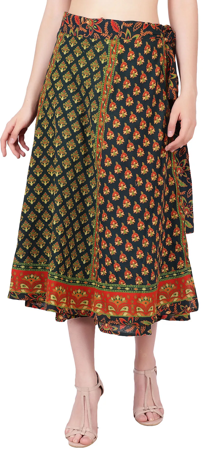 Block Printed Long Wrap Skirt Women's India Cotton (Green, One Size)