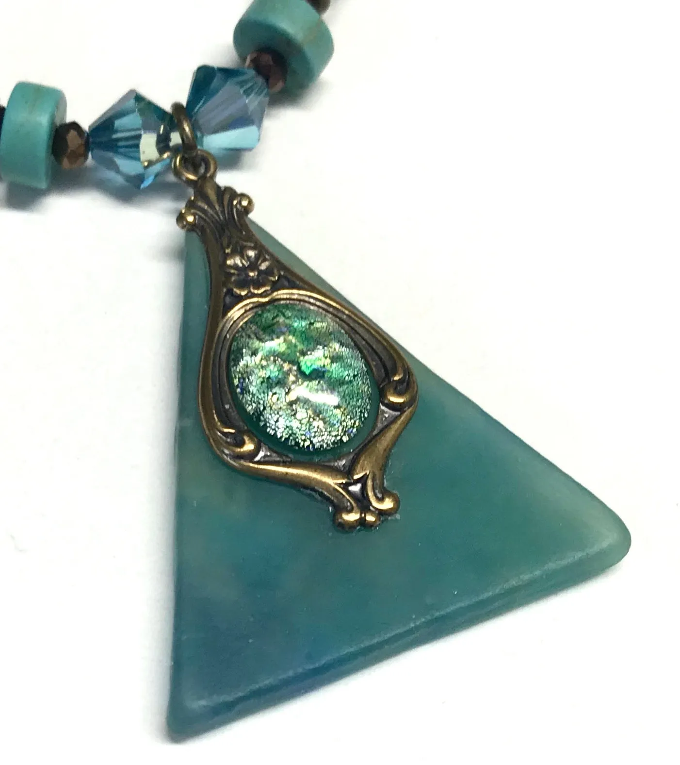 Blue and Green Beaded Necklace - Stained Glass Pendant