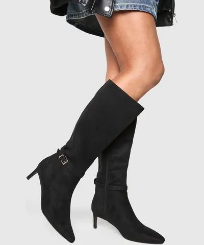 boohoo Womens Low Heel Buckle Detail Pointed Knee High Boots