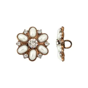 Button, Snowflake with Crystal Pearl Rhinestone 20x19mm, Antiqued Copper Plated (1 Piece)