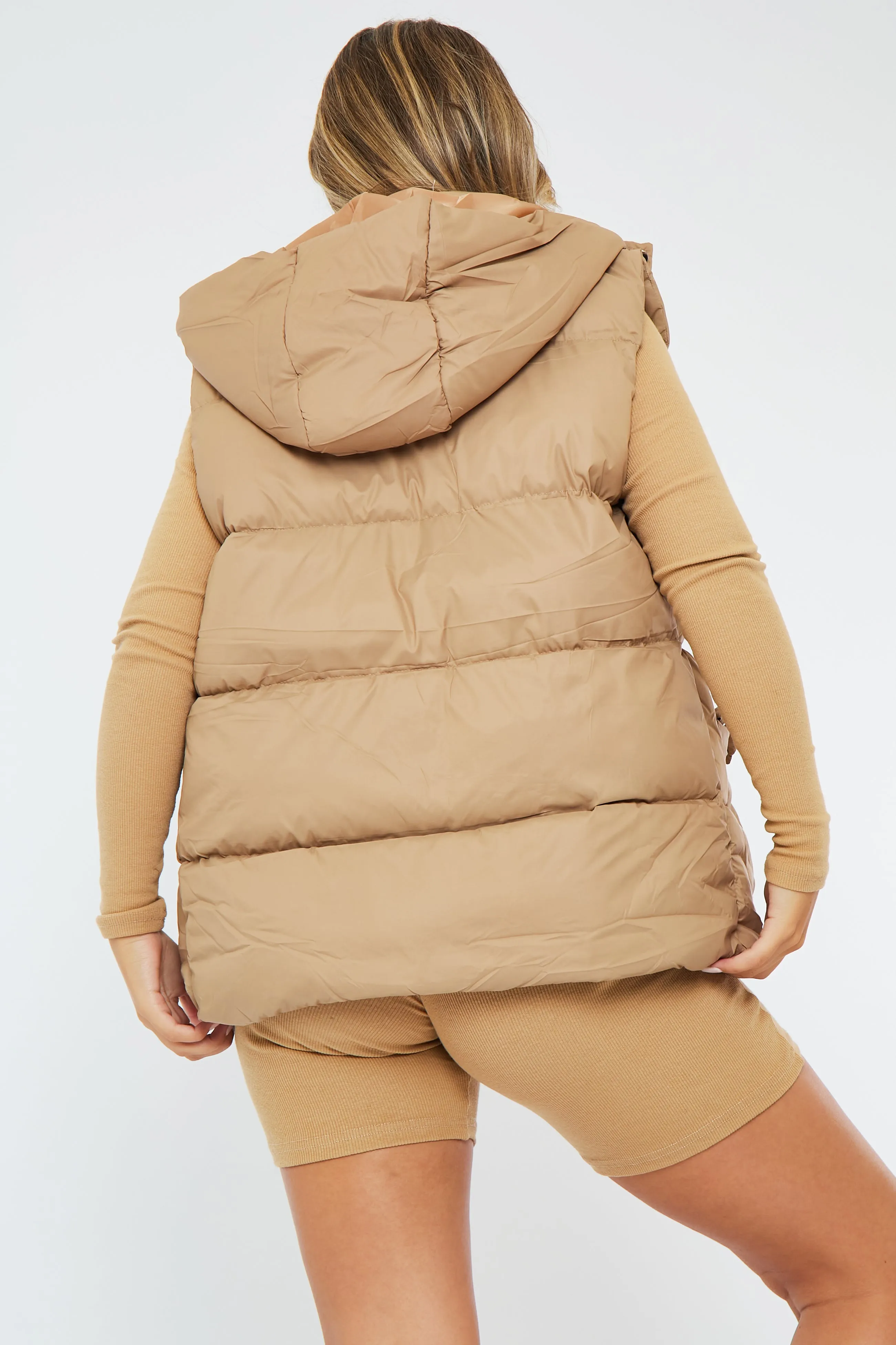 Camel Detachable Hood Puffer Gilet - Emisha