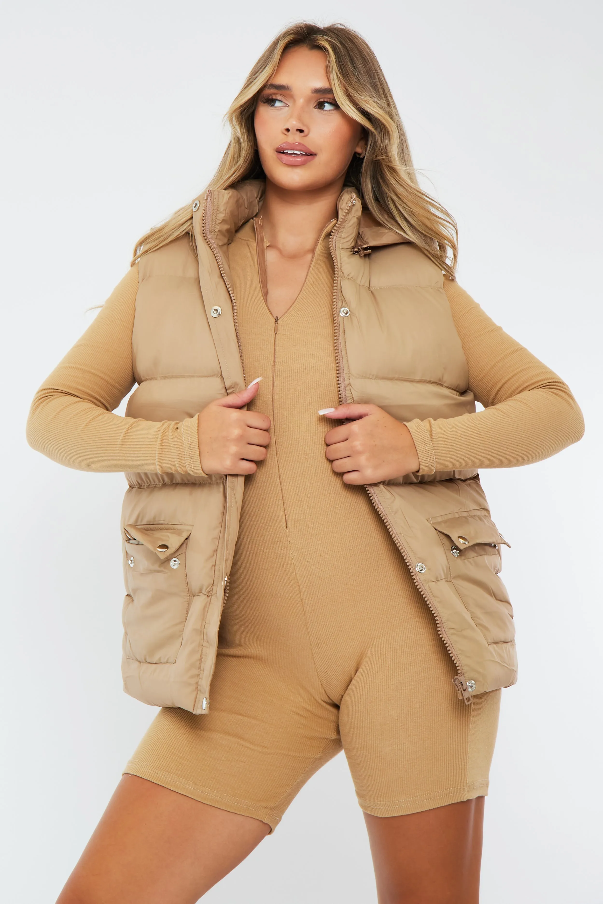 Camel Detachable Hood Puffer Gilet - Emisha