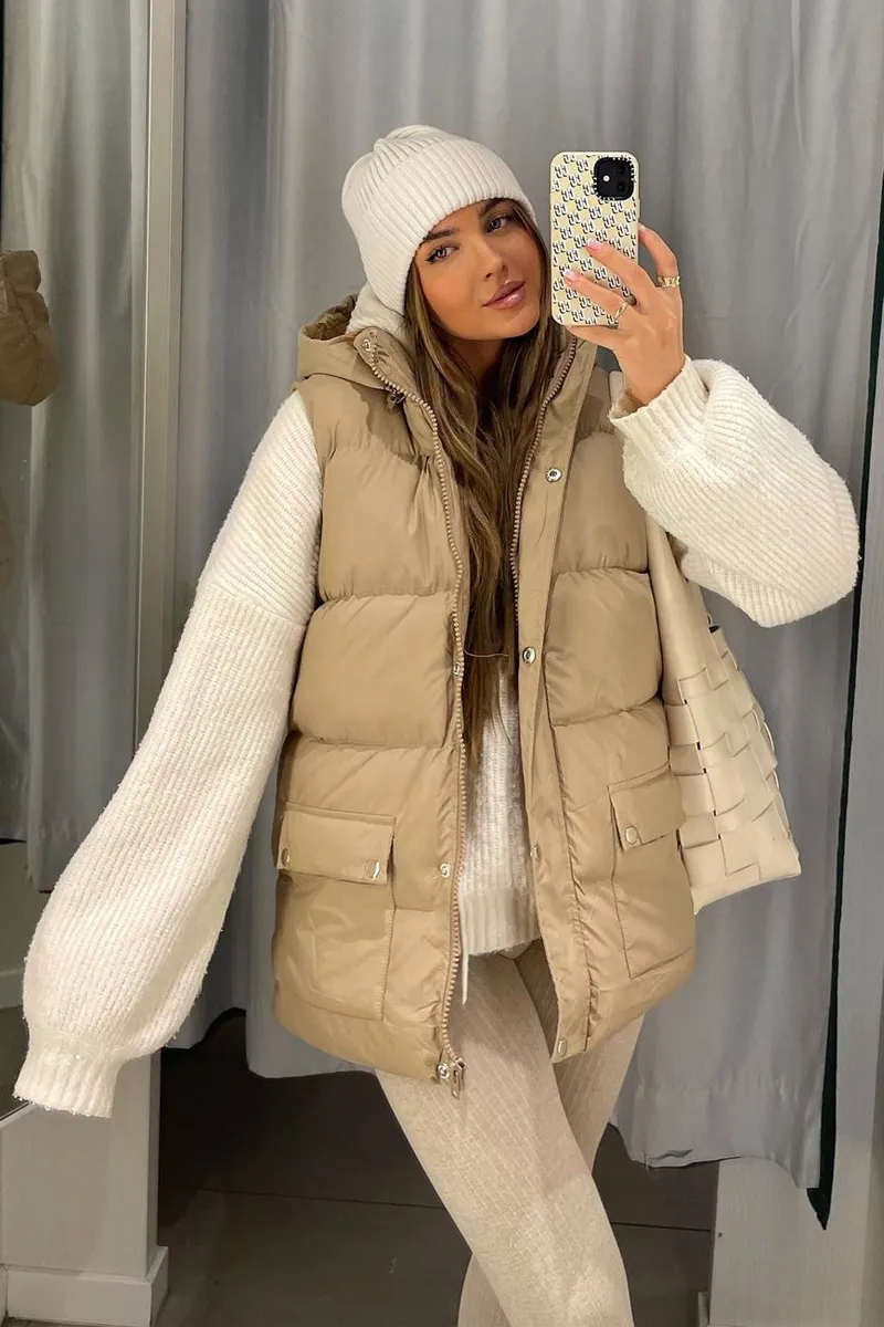 Camel Detachable Hood Puffer Gilet - Emisha