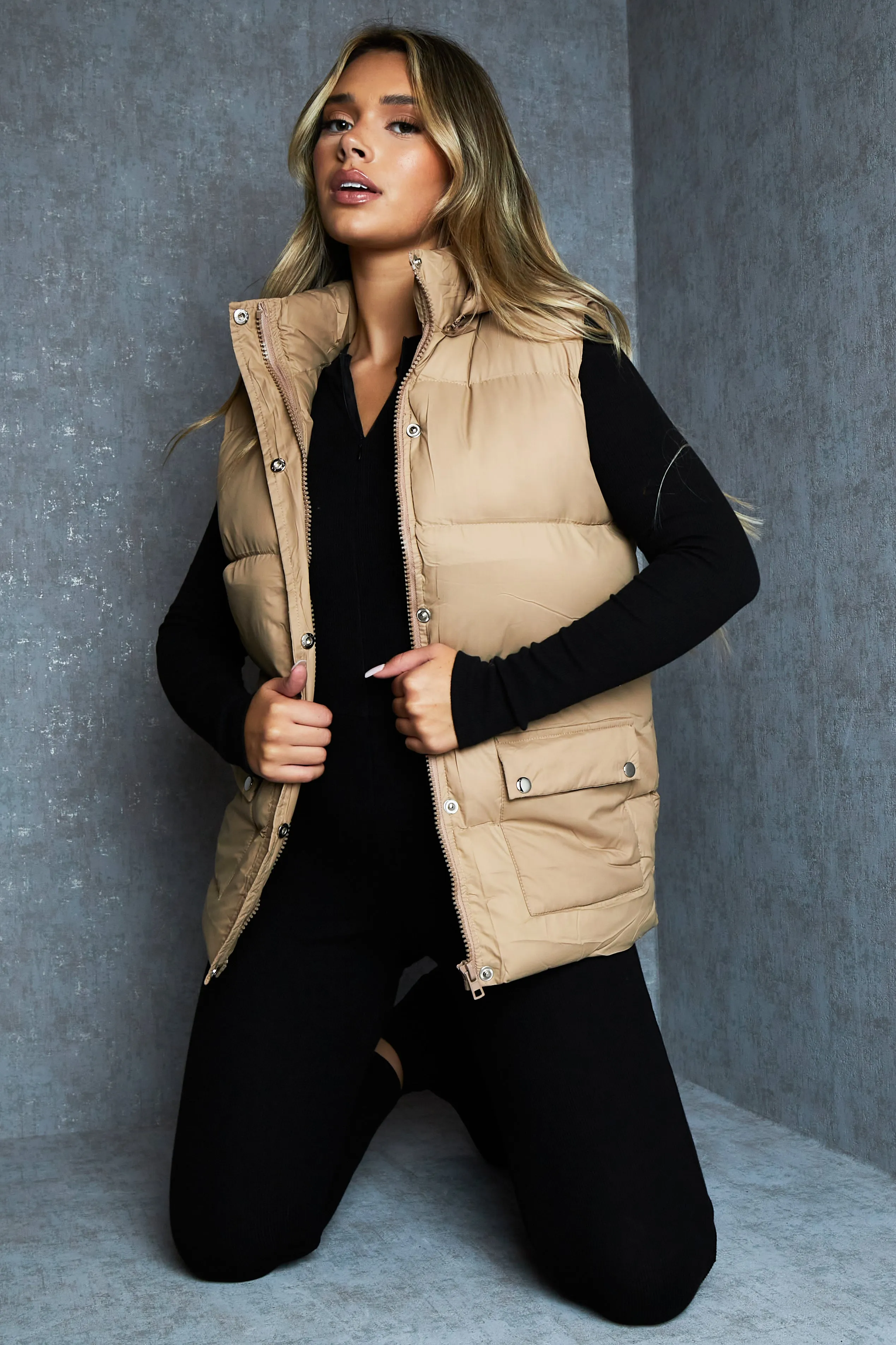 Camel Detachable Hood Puffer Gilet - Emisha