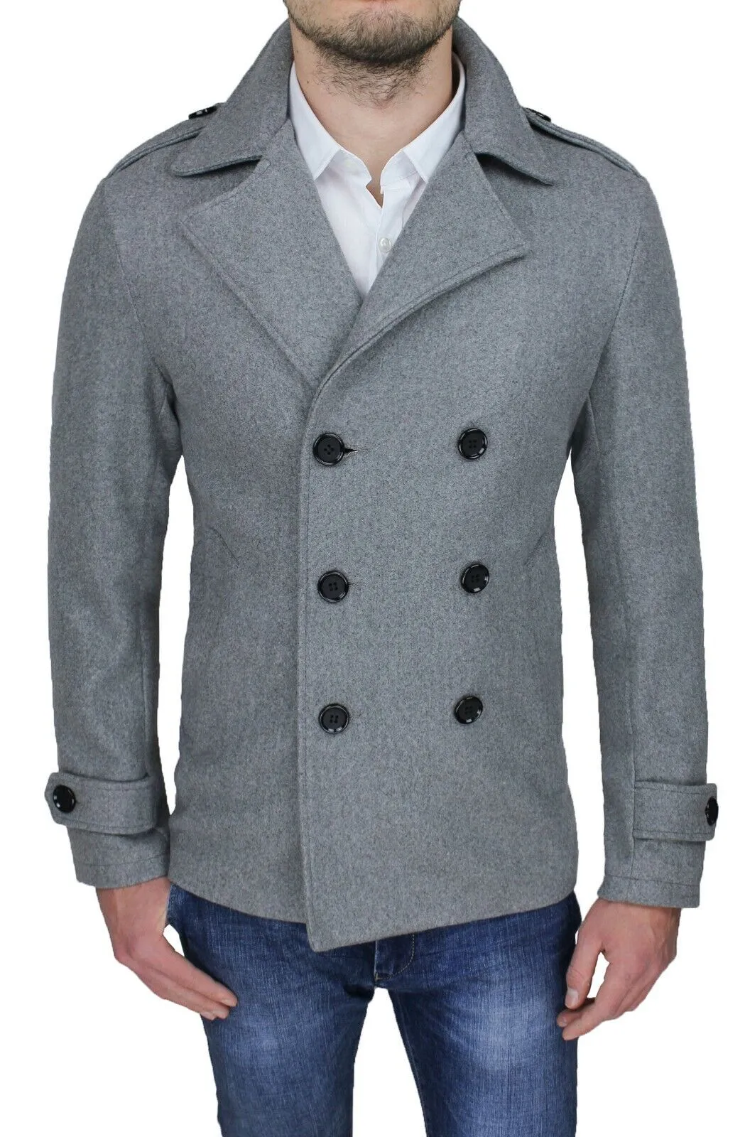 CAPPOTTO GIACCA UOMO INVERNALE GRIGIO SLIM FIT GIUBBOTTO TRENCH DOPPIOPETTO