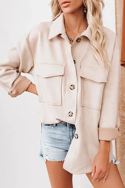 Casual Solid Pocket Buckle Turndown Collar Outerwear