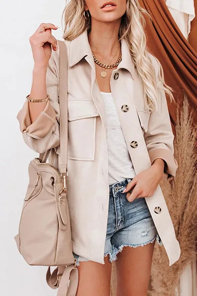 Casual Solid Pocket Buckle Turndown Collar Outerwear