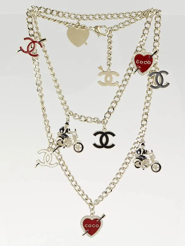 Chanel 10P 2010 Spring Coco Motorcycle Hearts Gold Chain Link Layered Belt/Necklace