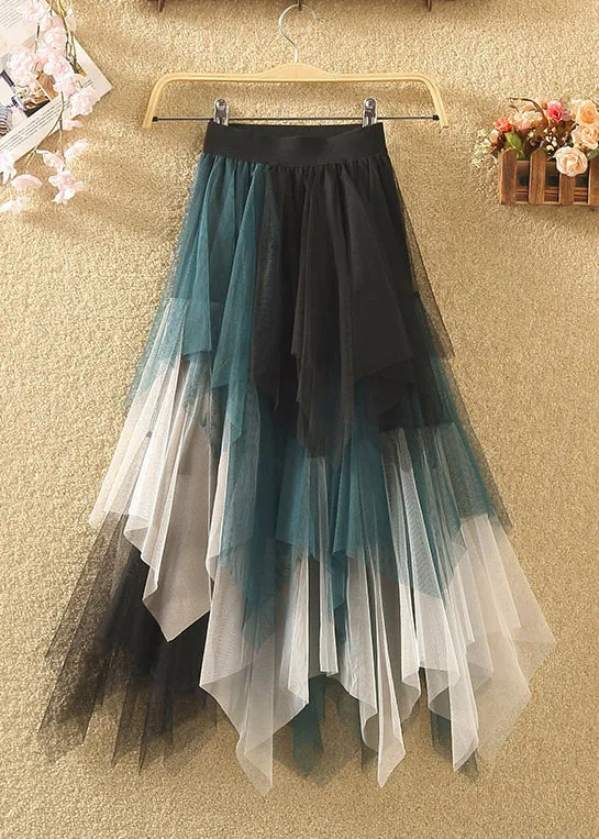 Chic Blue Asymmetrical Elastic Waist Patchwork Tulle Skirts Summer AS1087