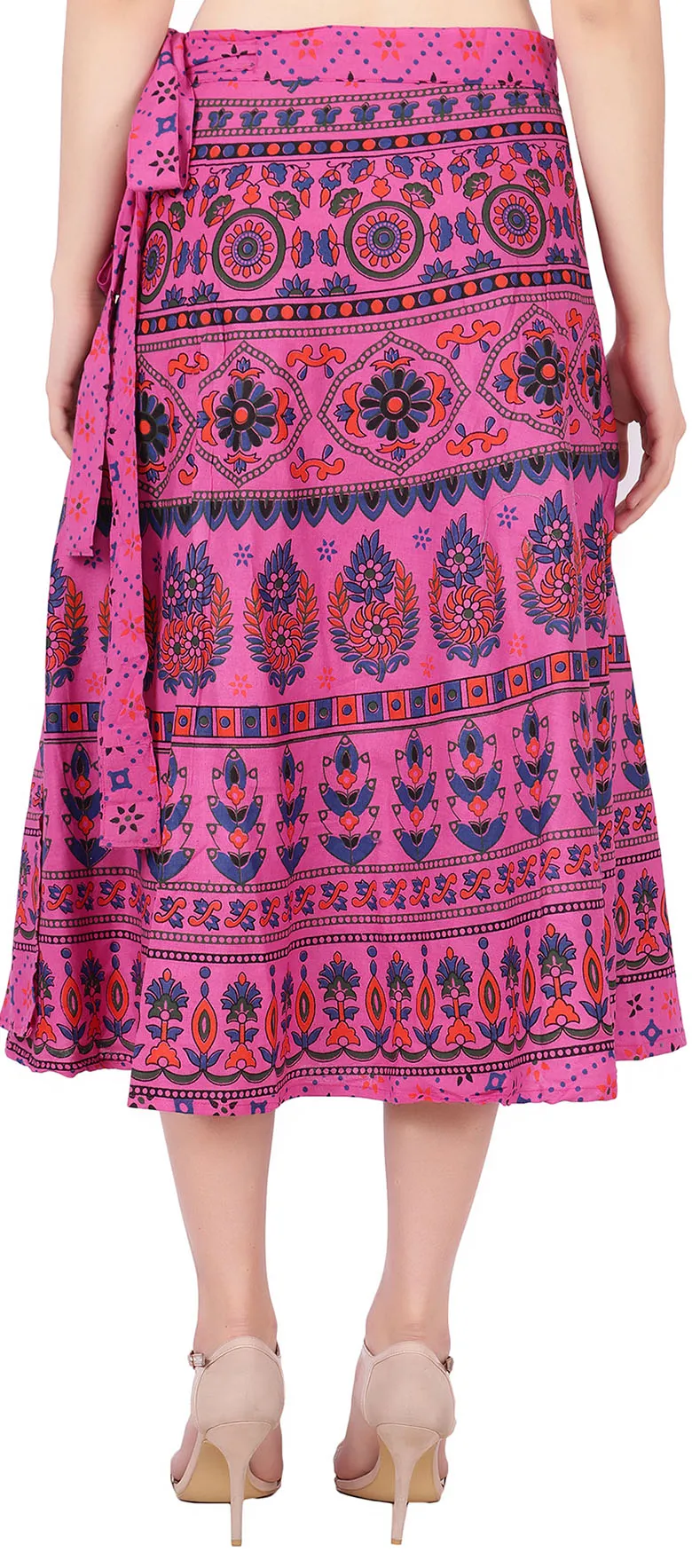 Cotton Printed Wrap Around Skirt Women's India Clothes (Pink, One Size)