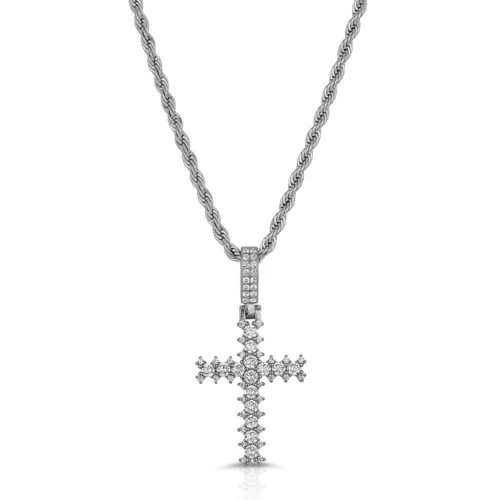 Diamond Cross Necklace Pendant & Rope Chain White Gold