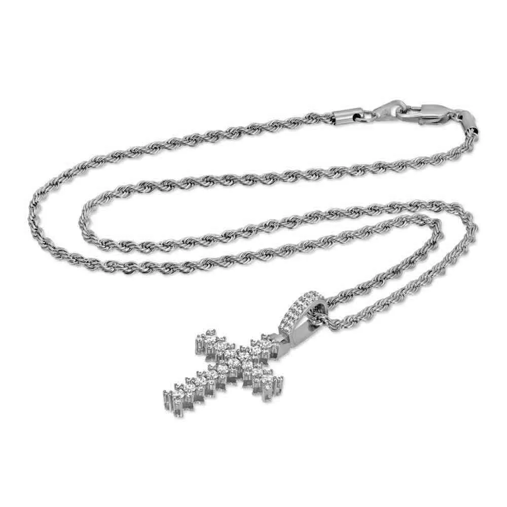 Diamond Cross Necklace Pendant & Rope Chain White Gold