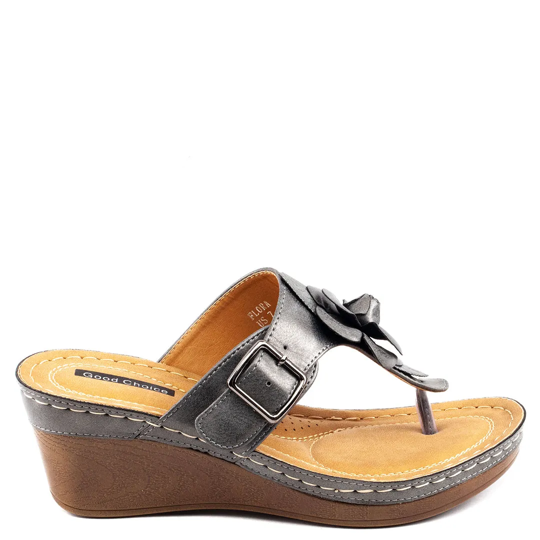 Flora Pewter Wedge Sandals