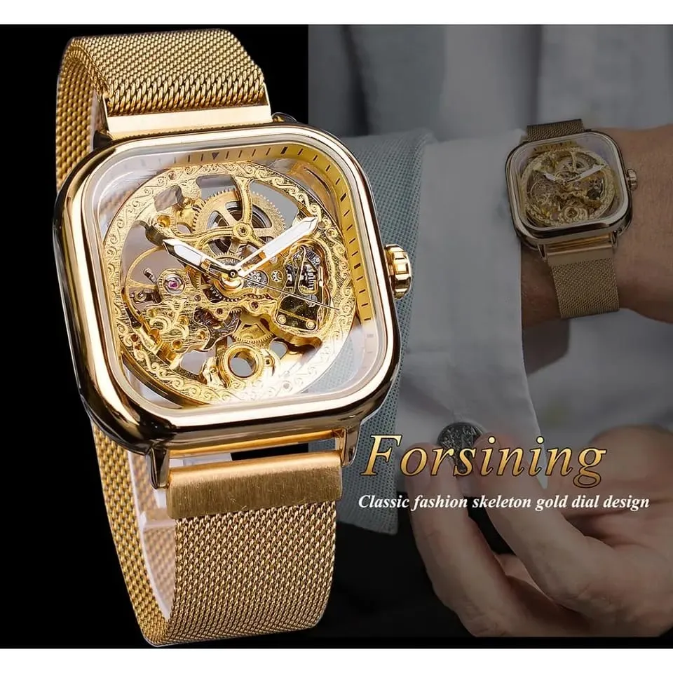 Forsining Men Mechanical Watches Automatic Self-Wind Golden Transparent Fashion Mesh Steel Wristwatch Skeleton Man Male Hot Hour