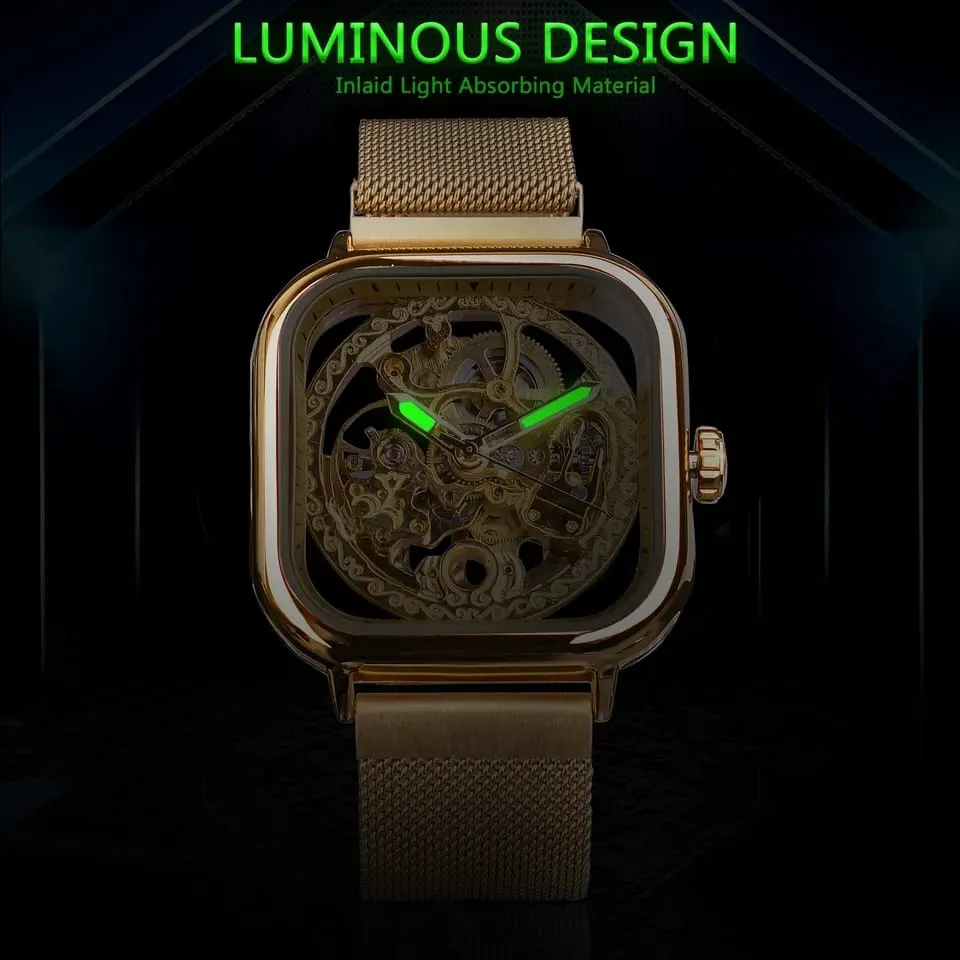 Forsining Men Mechanical Watches Automatic Self-Wind Golden Transparent Fashion Mesh Steel Wristwatch Skeleton Man Male Hot Hour