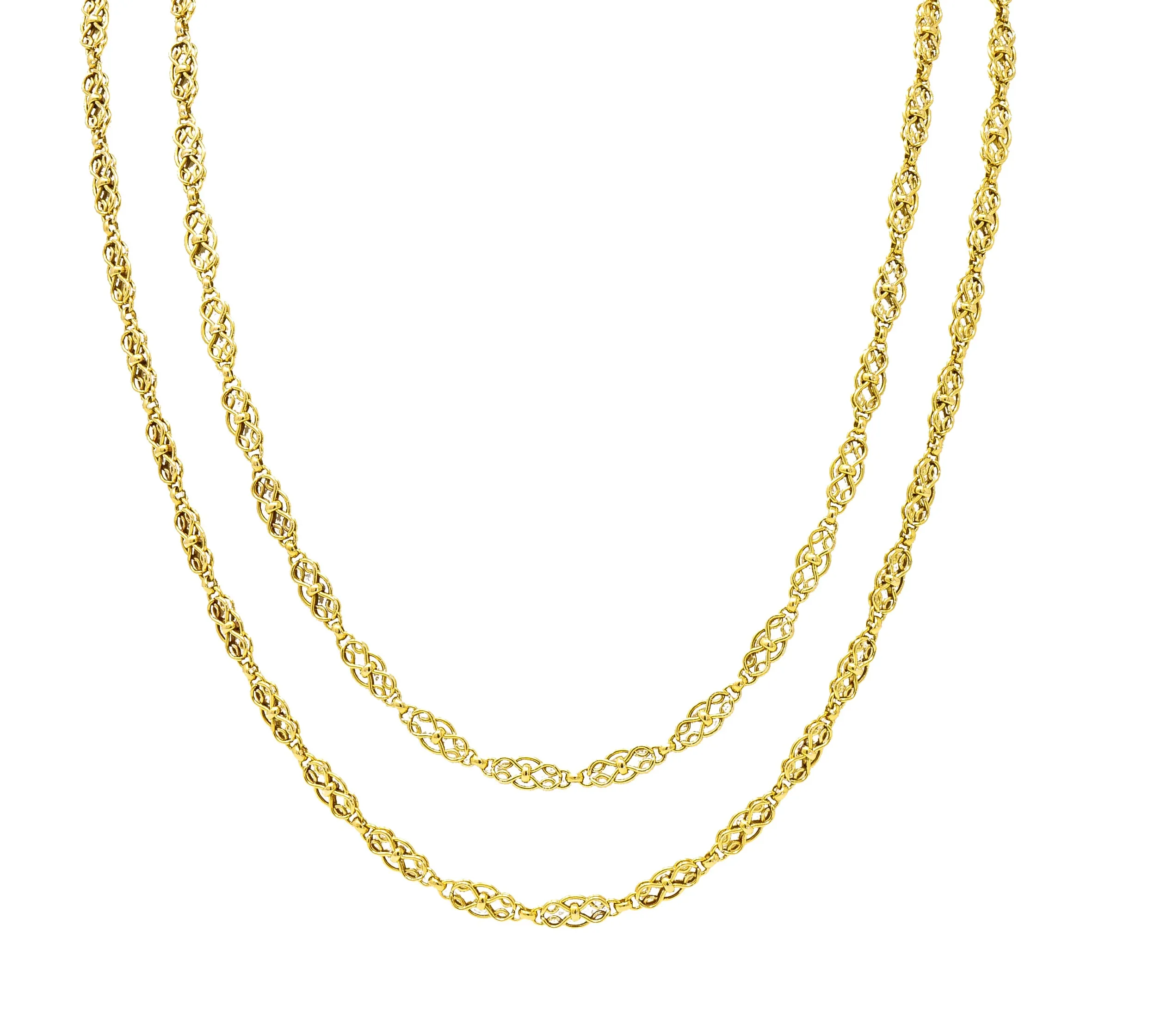 French Victorian 18 Karat Yellow Gold Infinity Knot Long Chain Antique Necklace