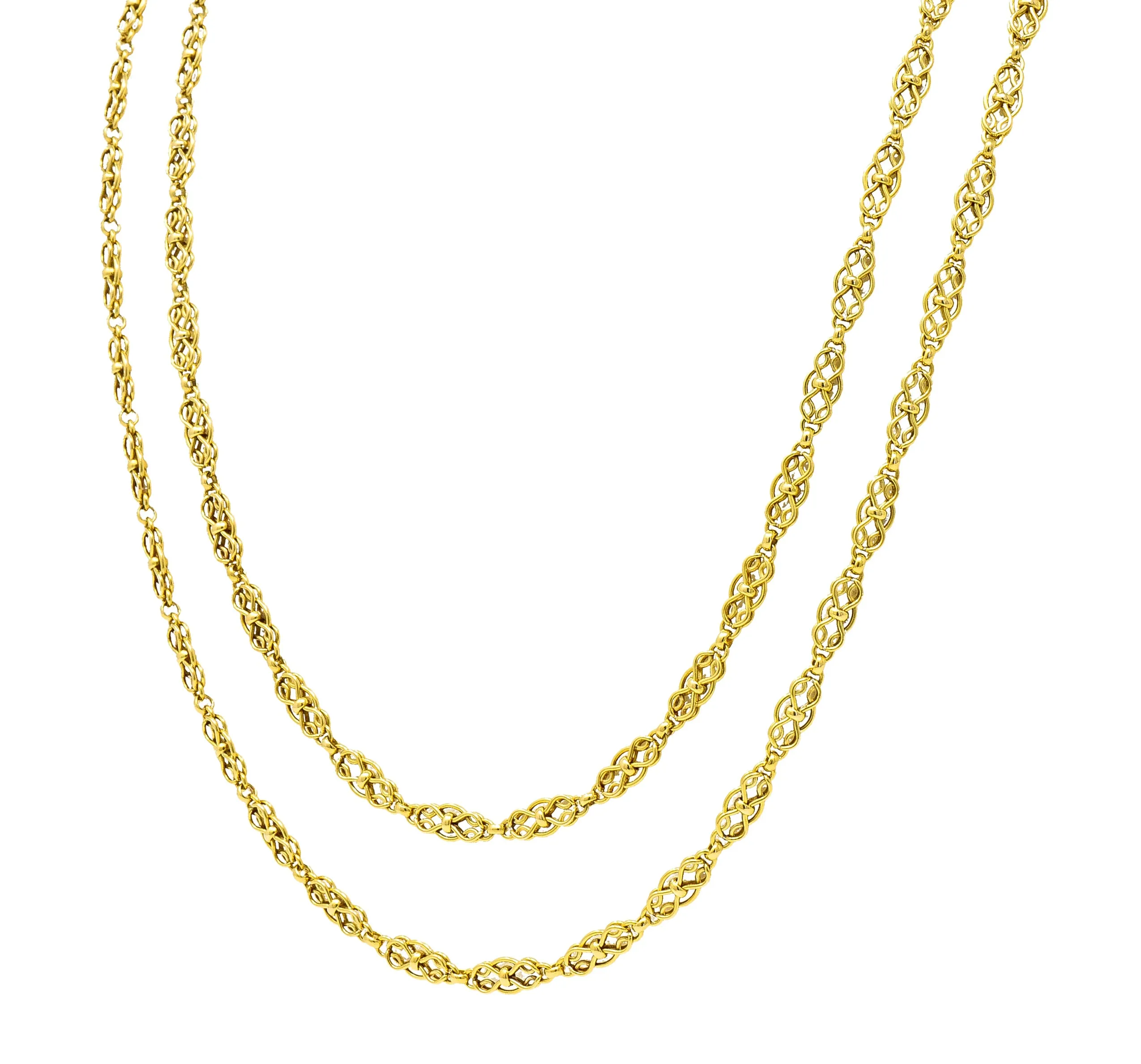 French Victorian 18 Karat Yellow Gold Infinity Knot Long Chain Antique Necklace