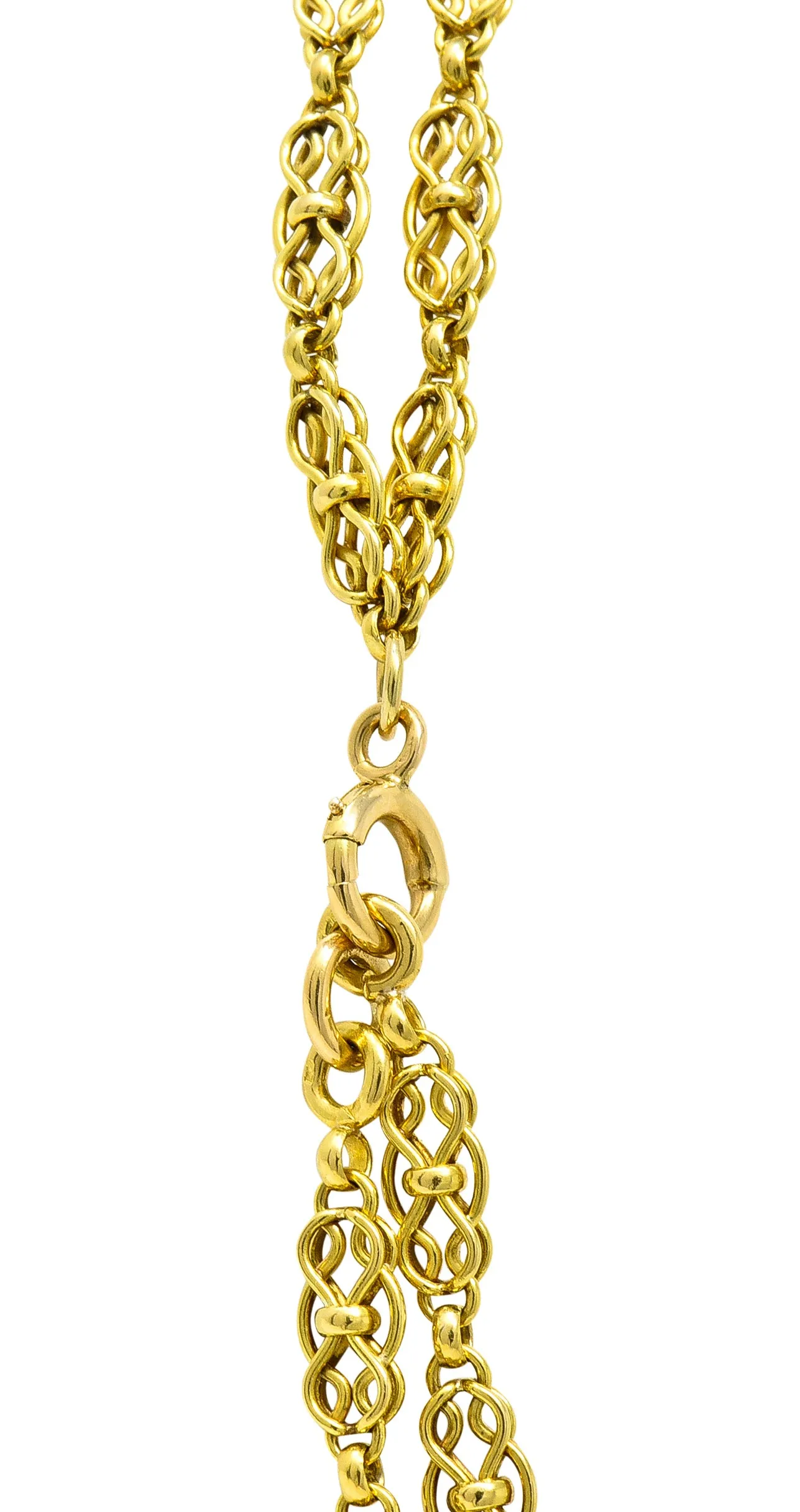 French Victorian 18 Karat Yellow Gold Infinity Knot Long Chain Antique Necklace