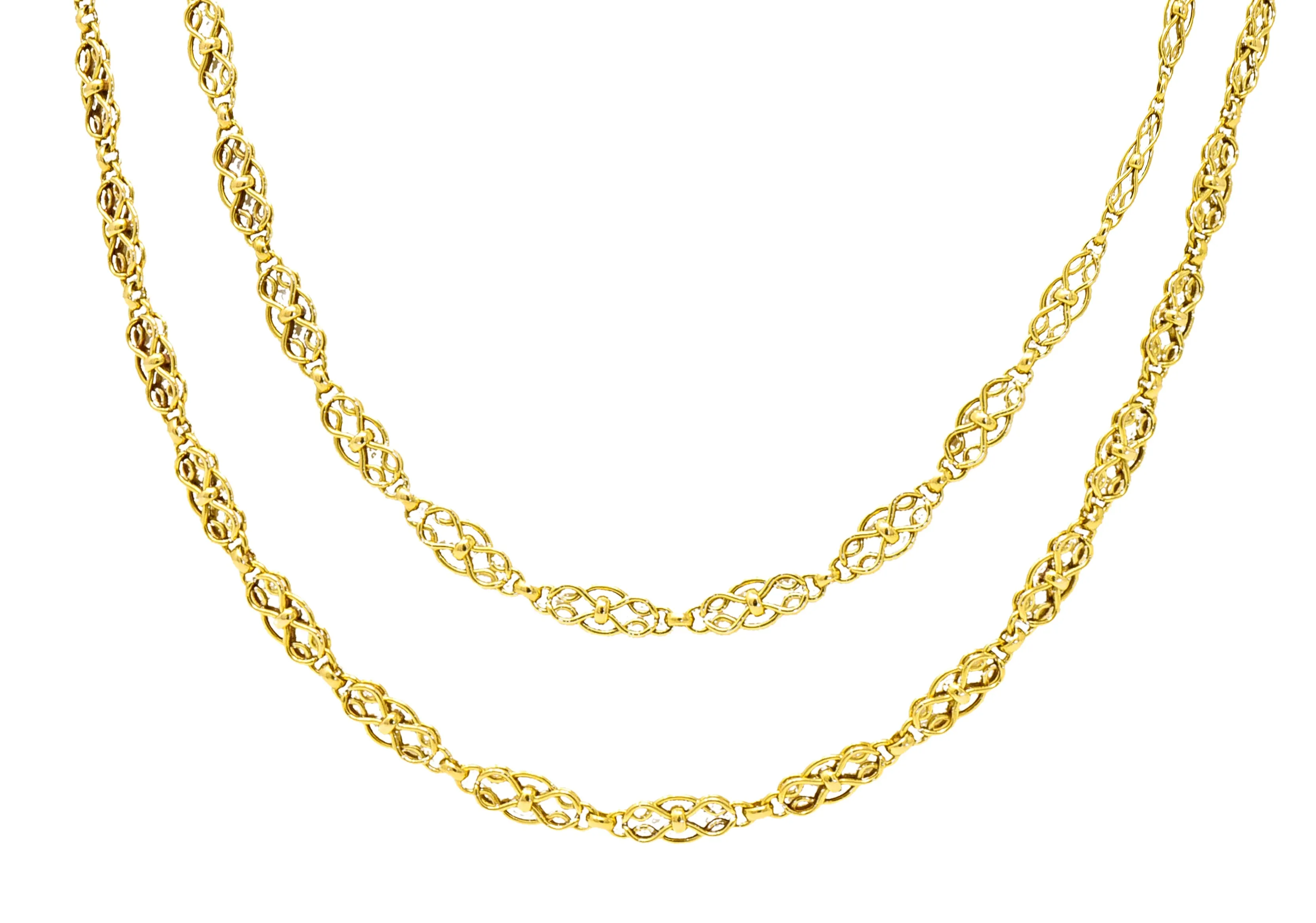 French Victorian 18 Karat Yellow Gold Infinity Knot Long Chain Antique Necklace