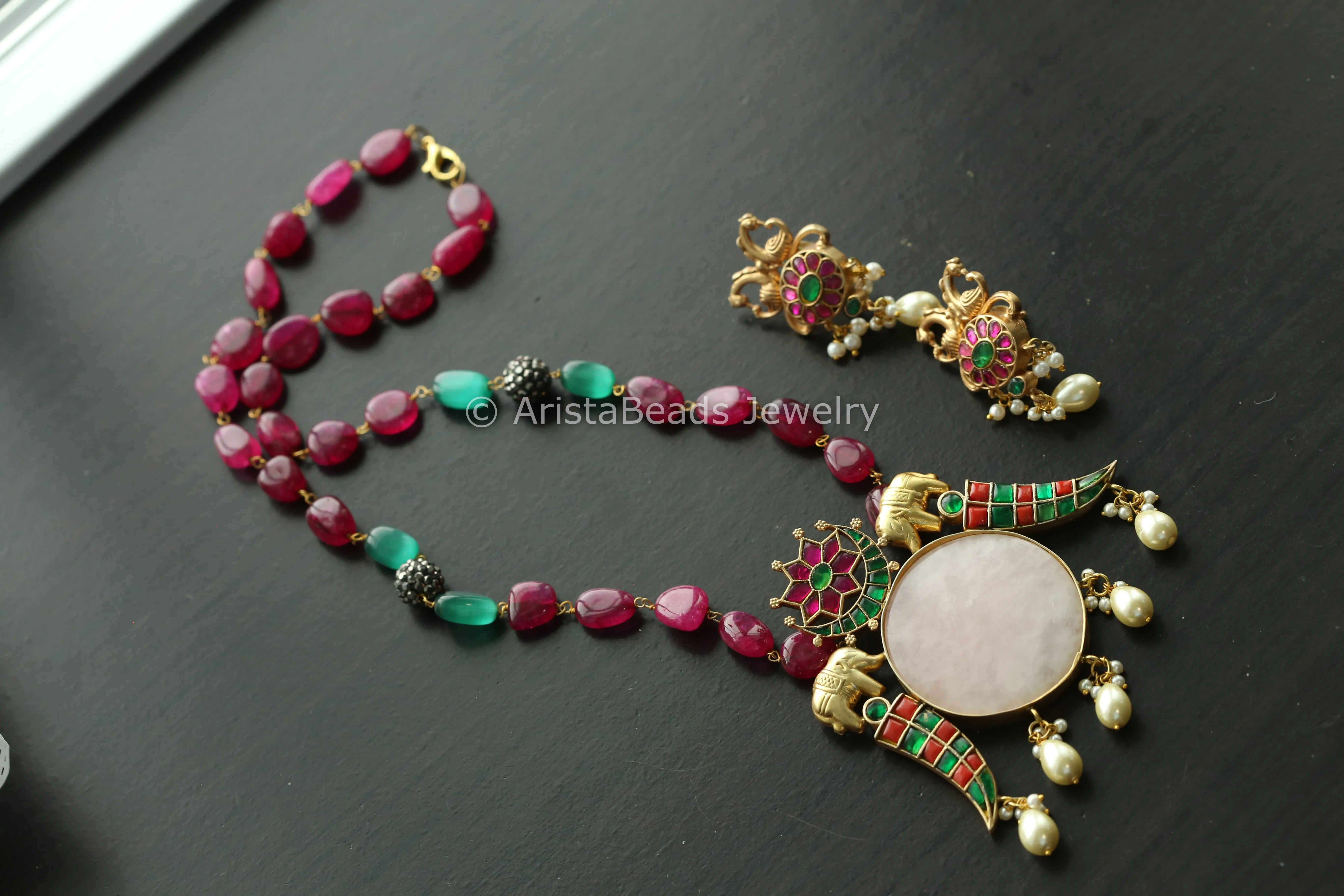 Fusion Jadau Kundan Necklace -Rose Quartz