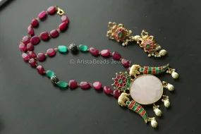 Fusion Jadau Kundan Necklace -Rose Quartz