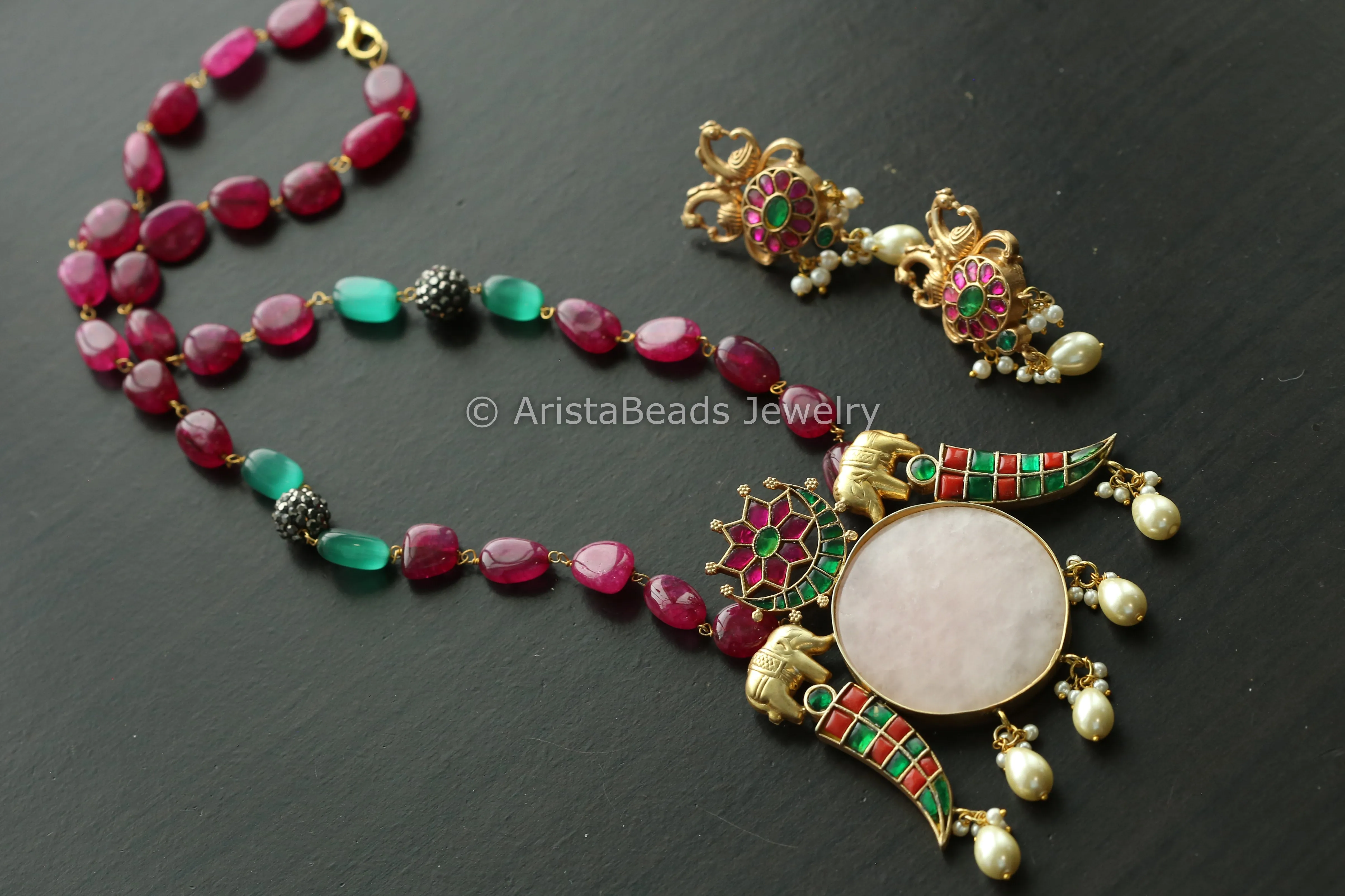 Fusion Jadau Kundan Necklace -Rose Quartz