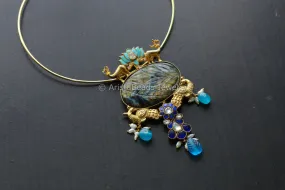 Fusion Jadau Kundan Pendant -Carved Labradorite (Hasli Removable)