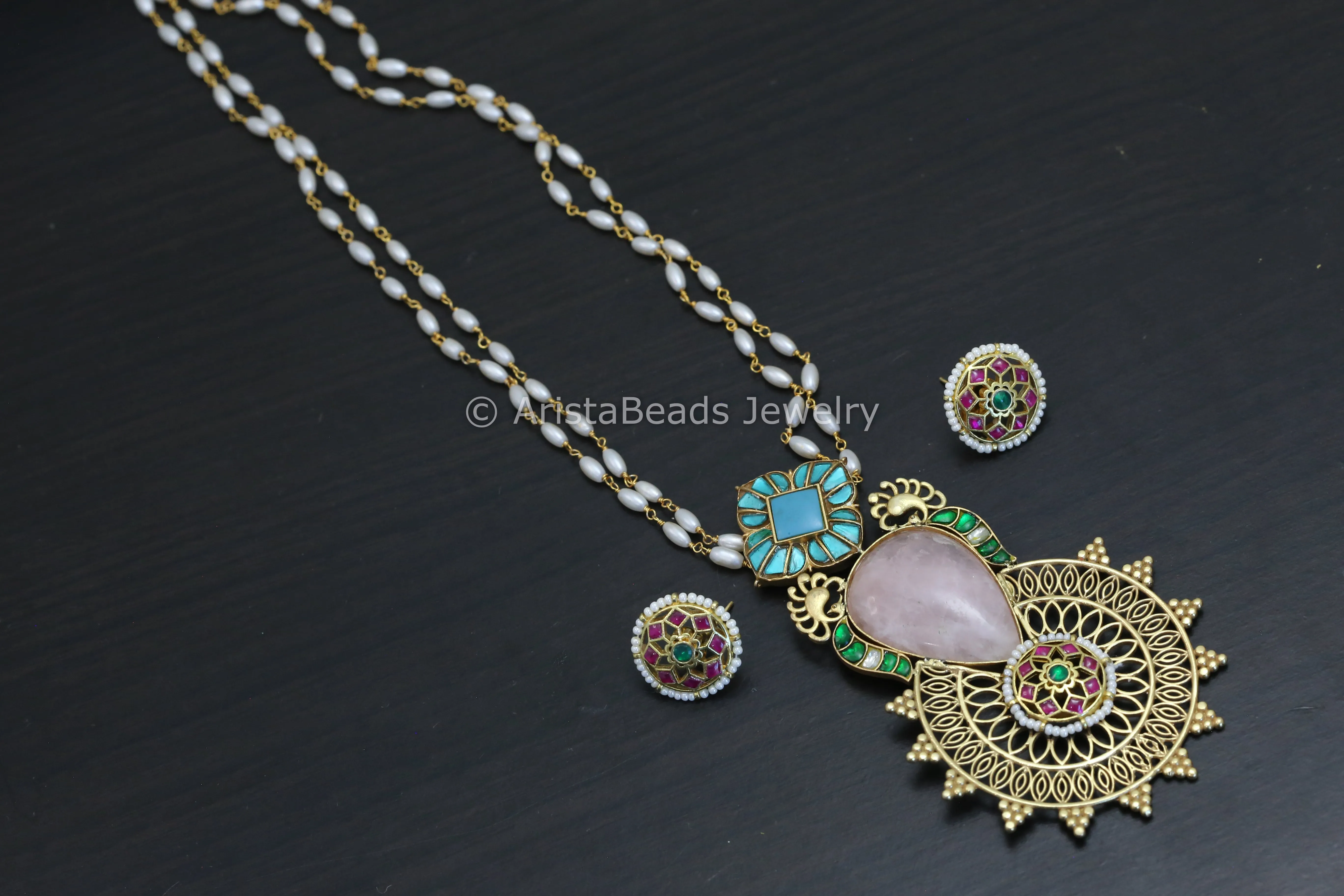 Fusion Kundan Rose Quartz Necklace Set