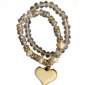 Glass bead balls, pearls, and rondelle bead rhinestone spacer with golden heart charm bracelet