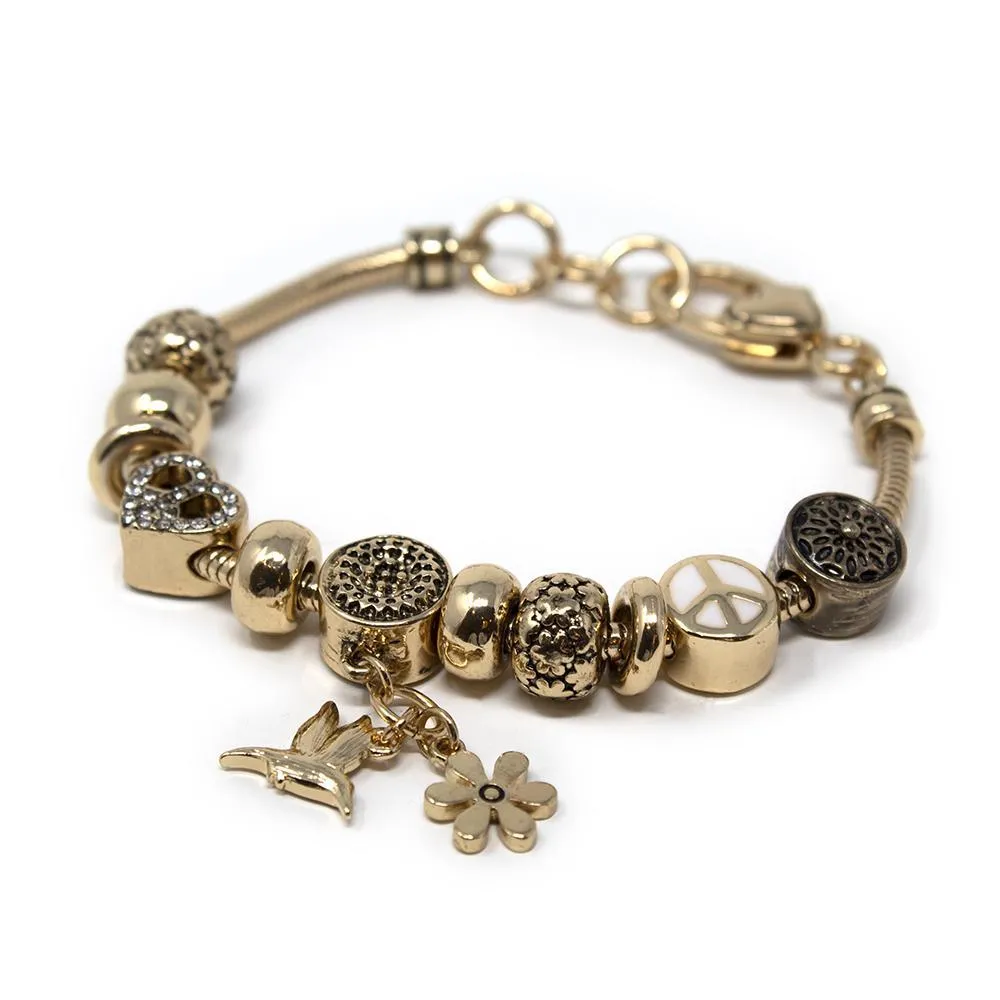 Gold Tone Charm Bracelet CZ Peace