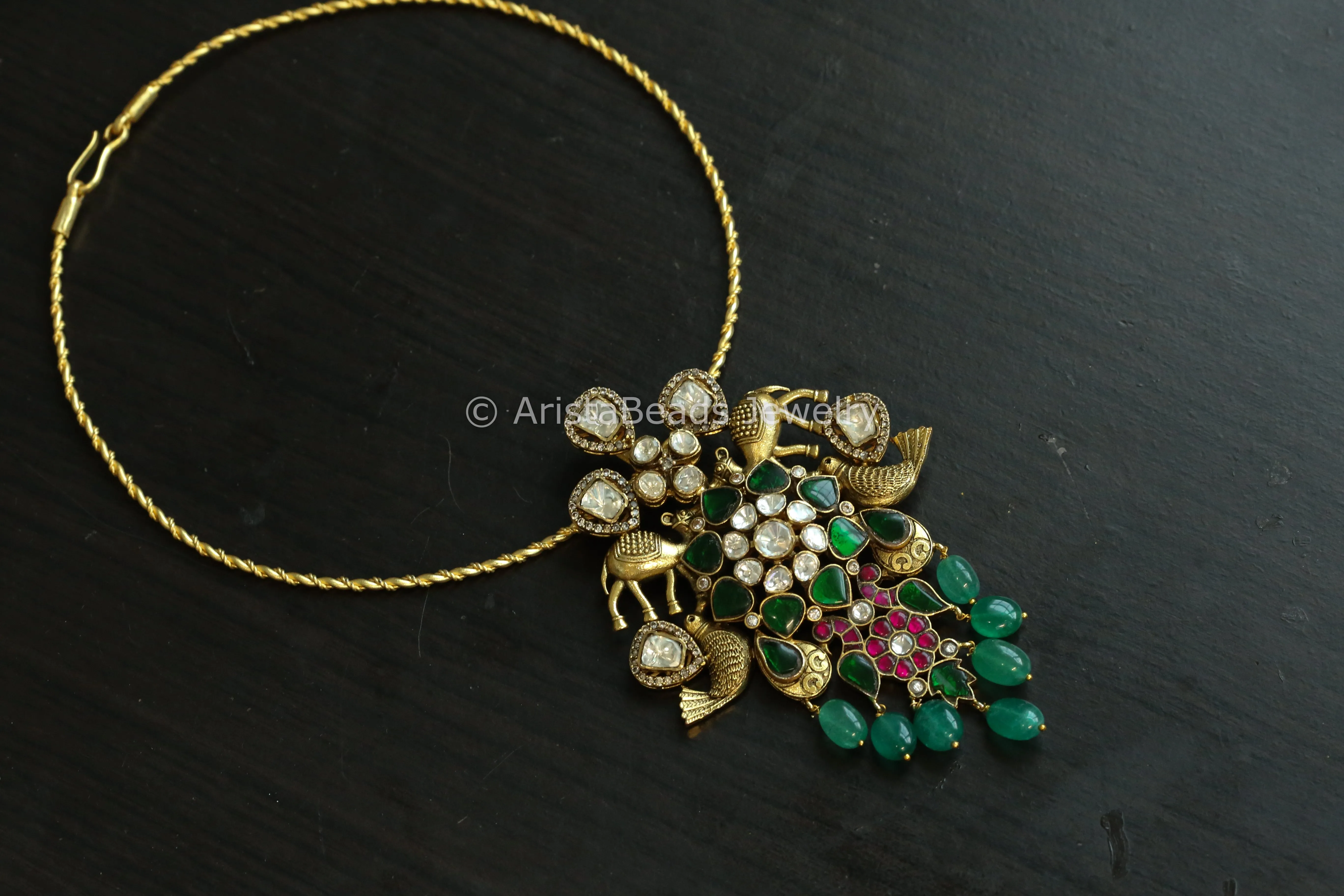 Green Ruby Jadau & Moissanites Fusion Hasli Necklace